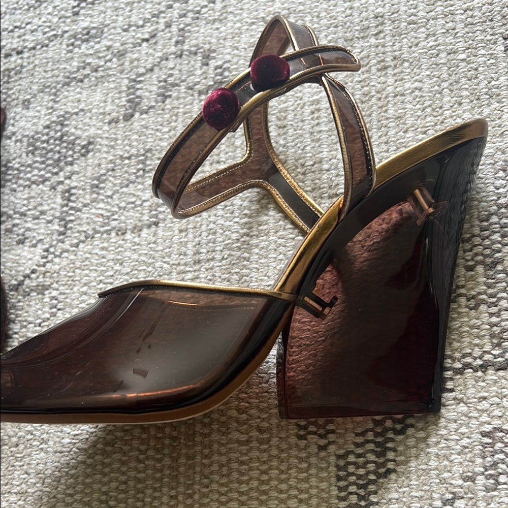 Marc Jacobs Metallic Bronze and Brown PVC Peep-Toe Block Heel / Wedge Sandals - Picture 2 of 10